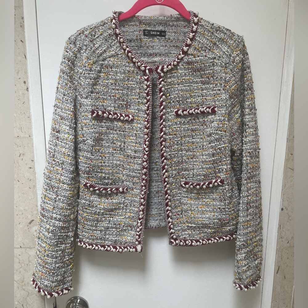 SHEIN Multicolor Tweed Cropped Jacket with Burgundy Trim